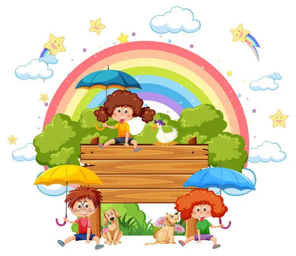 Drei Kinder Mit Leerem Brett Regenbogenmotiv Illustration — Stockvektor