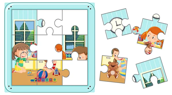 Children Photo Jigsaw Puzzle Game Template Illustration — Stockový vektor