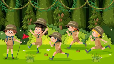 Children camping out forest scene illustration