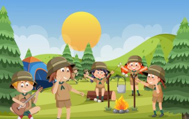 Children camping out forest scene illustration