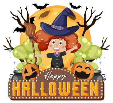 Happy Halloween Text Logo With Cartoon Character illustration
