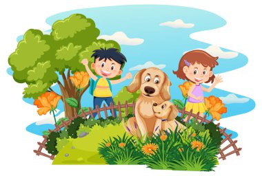 Happy children enjoying outdoor at the yard illustration