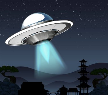UFO visiting the earth at night illustration