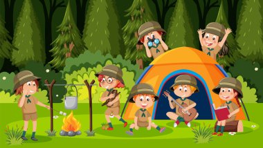 Children camping out forest scene illustration