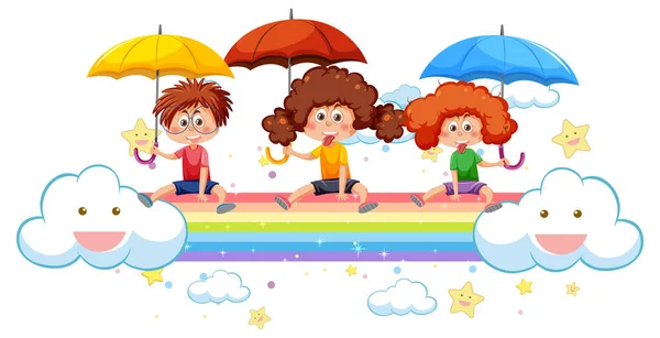 Kinder Sitzen Auf Regenbogen Illustration — Stockvektor