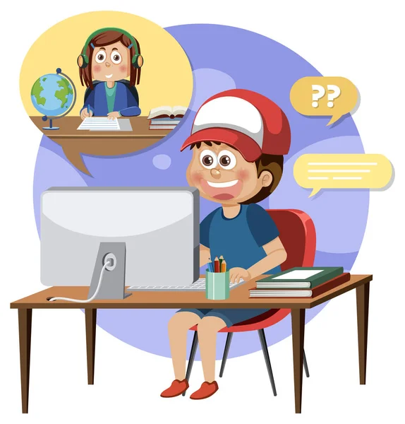 Boy Using Computer Cartoon Illustration — Stock Vector