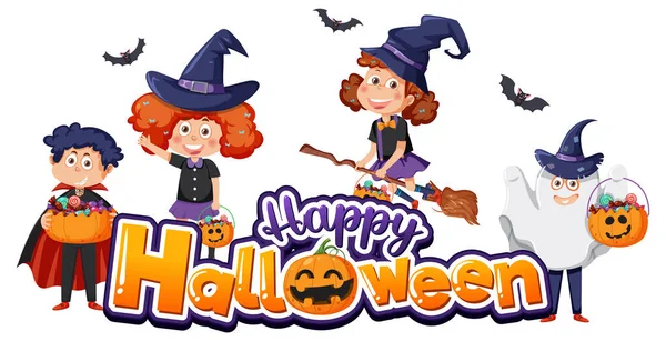 Happy Halloween Text Logo Cartoon Character Illustration — Stock vektor