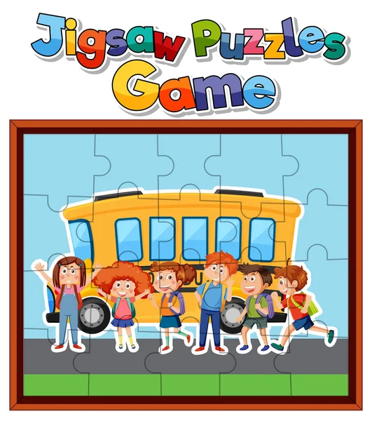 School Kids Photo Jigsaw Puzzle Game Template Illustration — Stockový vektor