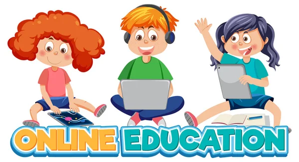 Çevrimiçi Eğitim Çevrimiçi Illüstrasyon Öğrenen Çocuklar — Stok Vektör