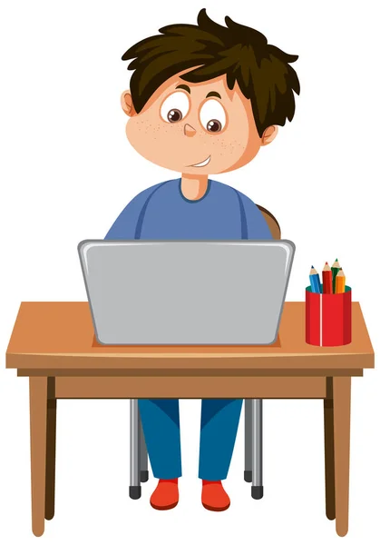Boy Sitting Front Laptop Illustration — Vetor de Stock