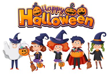 Happy Halloween Text Logo With Cartoon Character illustration