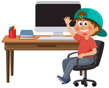 A boy sitting in front of computer illustration