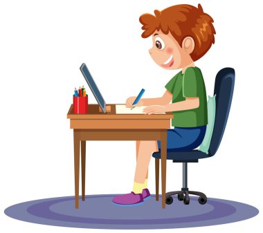 A boy studying online with tablet illustration