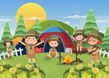 Children camping out forest scene illustration