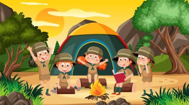 Children camping out forest scene illustration