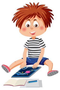 Online öğrenim illüstrasyonu için tablet kullanan bir çocuk