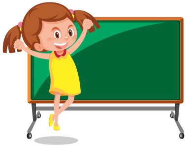 Boş karatahtayla izole edilmiş güzel bir kız.