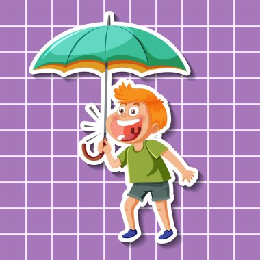 Cute boy cartoon character holding umbrella sticker style illustration