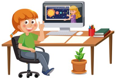 A girl studying online on computer illustration