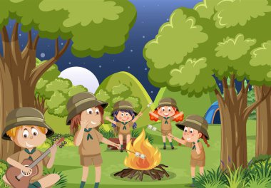 Children camping out forest scene illustration