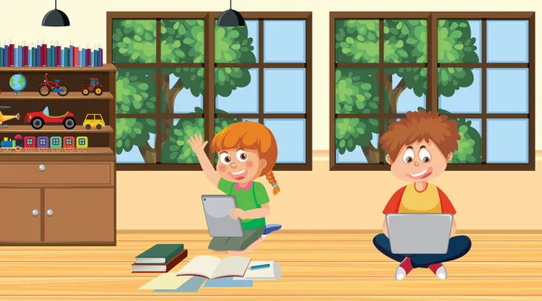 Kinderen Leren Online Thuis Illustratie — Stockvector