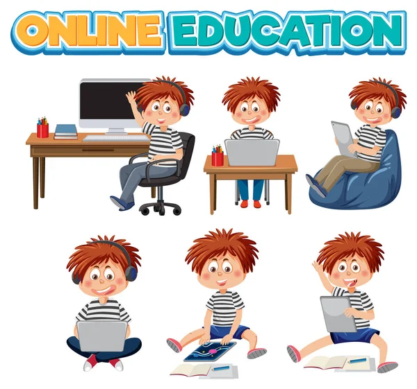 Set Von Kindern Mit Tablet Und Laptop Illustration — Stockvektor