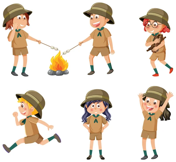 Set of cartoon character in camping outfit illustration