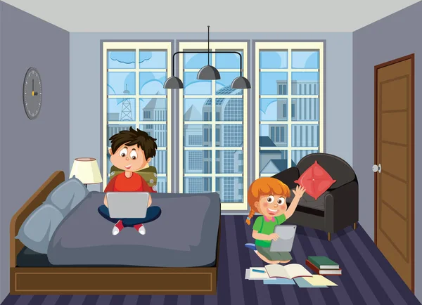 Bambini Che Imparano Online Casa Illustrazione — Vettoriale Stock