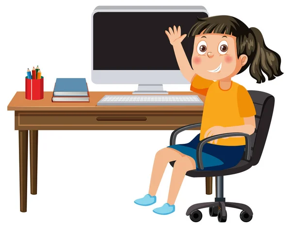 Girl Sitting Front Computer Illustration — Stock vektor