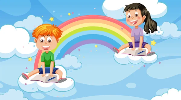 Enfants Assis Sur Les Nuages Dans Ciel Illustration — Image vectorielle