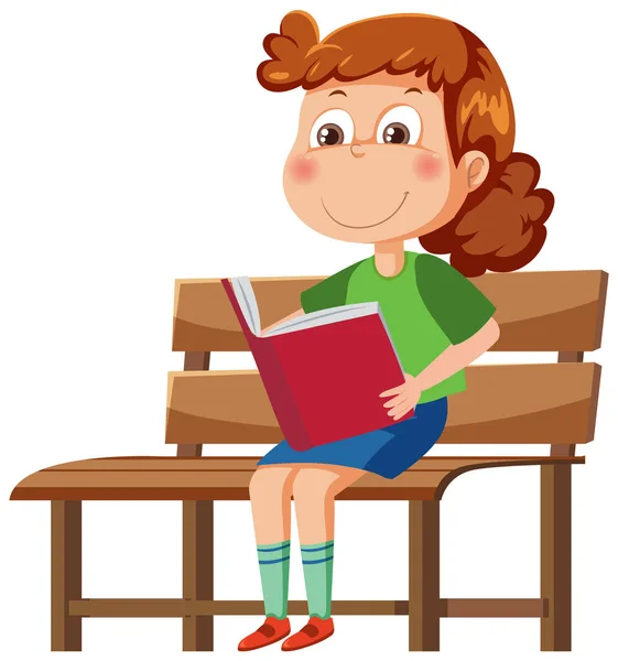 Uma Menina Lendo Livro Sentado Banco Ilustração — Vetor de Stock