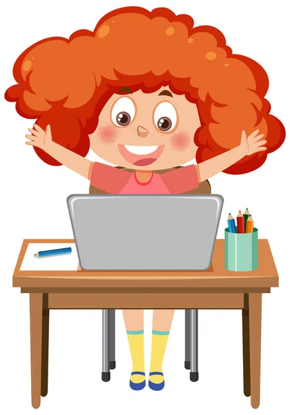 Girl Sitting Front Laptop Illustration — Stock vektor