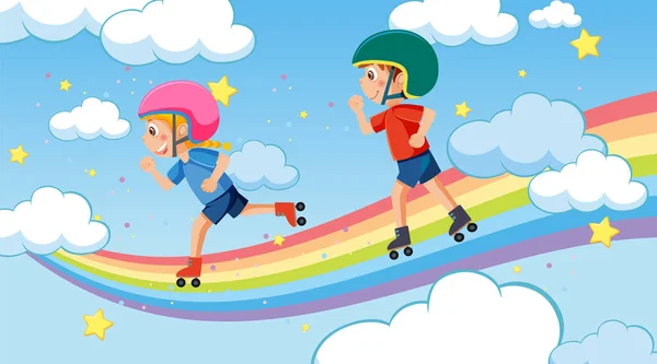 Kinder Spielen Skate Regenbogenhimmel Illustration — Stockvektor
