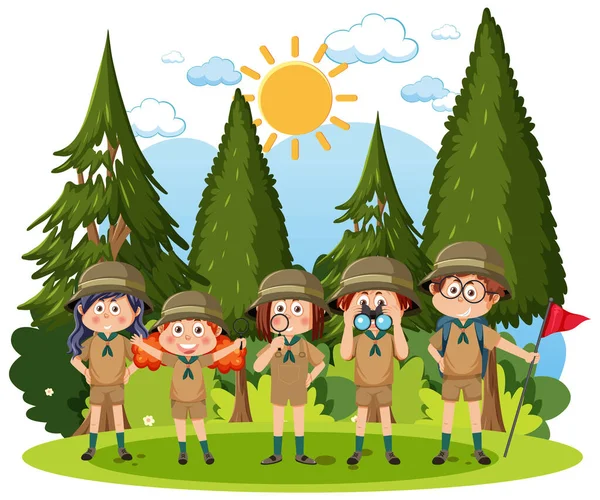 Children Camping Out Forest Illustration — Stockvektor