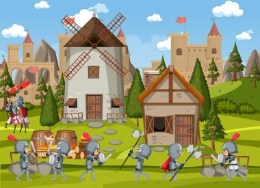 Medieval village scene castle background illustration
