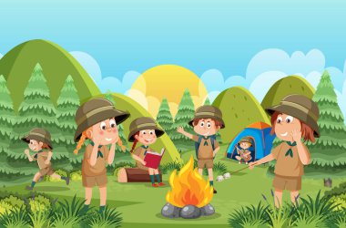 Children camping out forest scene illustration