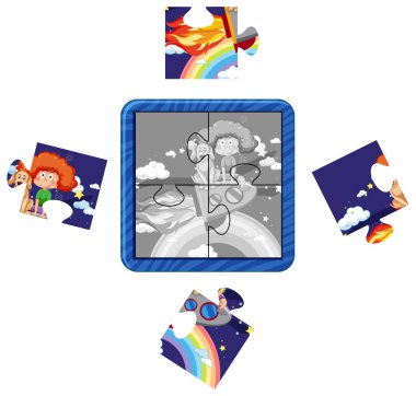 Girl with her dog in space photo jigsaw puzzle game illustration