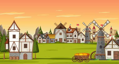 Ancient medieval village background illustration