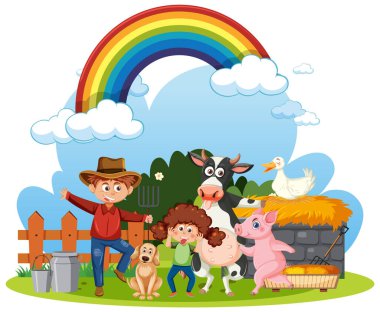 Çizgi film karakteri çizimleri ile izole edilmiş çiftlik sahnesi