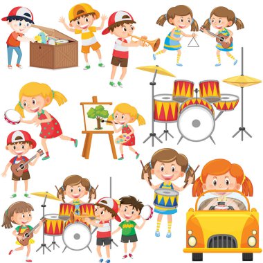 Farklı şirin çocuklar ve nesneler çizimi