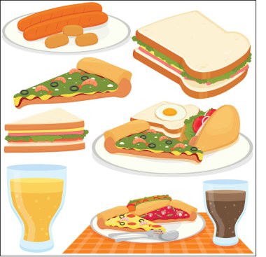 Farklı abur cubur setleri ve çocuk resimleri.