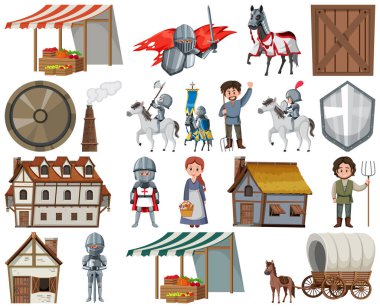 Medieval cartoon characters and objects illustration