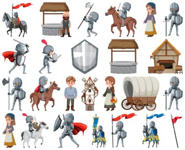Medieval cartoon characters and objects illustration