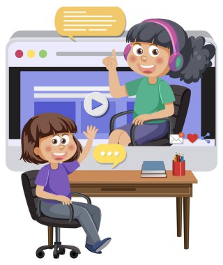 \\ bir kız çevrimiçi bilgisayar illüstrasyonunda öğreniyor