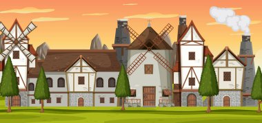 Ancient medieval village background illustration