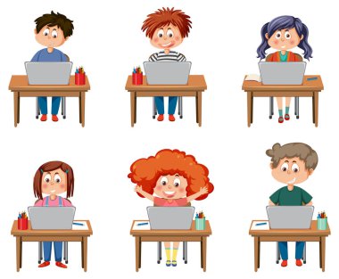 Tablet ve dizüstü bilgisayarı kullanan bir grup çocuk