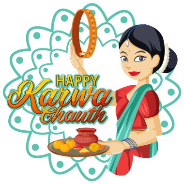 Mutlu Karwa Chauth metin tasarımı illüstrasyonu