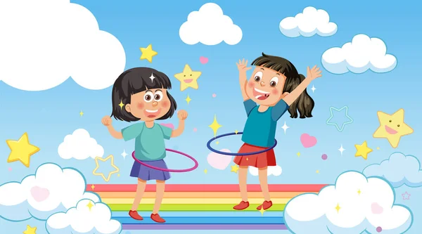Kinder Spielen Hulahoop Auf Regenbogen Den Himmel Illustration — Stockvektor
