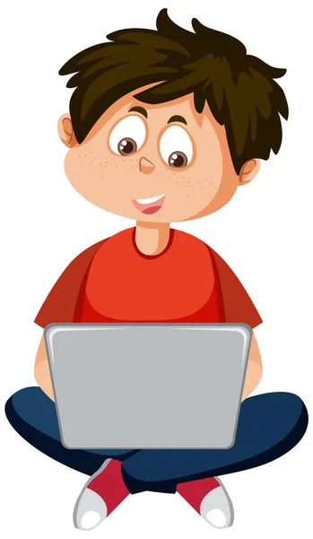 Boy Using Laptop Cartoon Character Illustration — Vetor de Stock