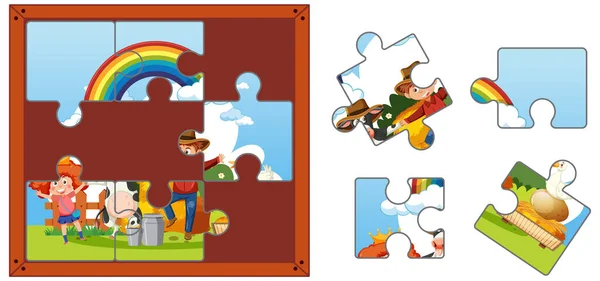 Farm Characters Photo Puzzle Game Template Illustration — ストックベクタ